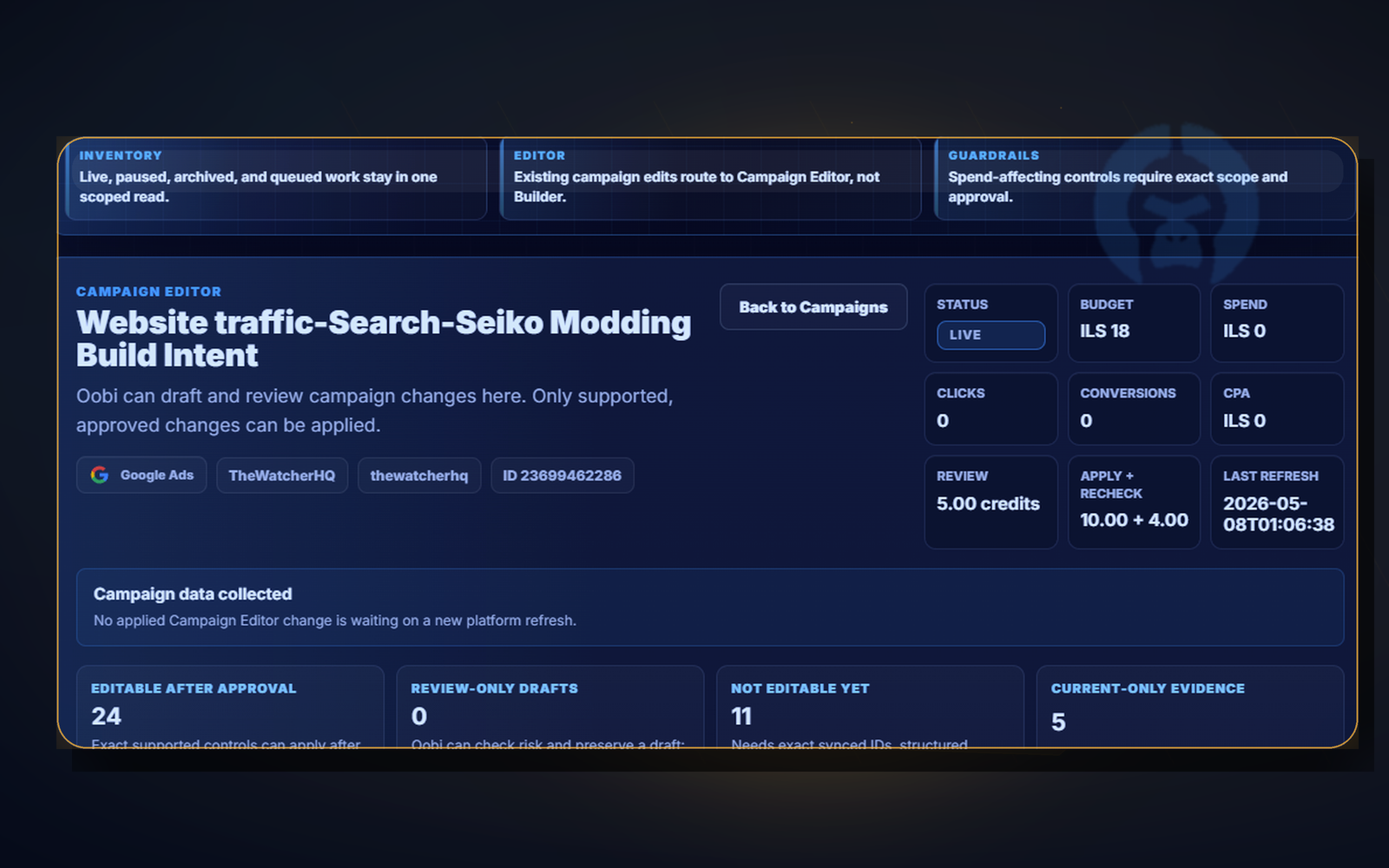 OobiMax Campaign Editor product surface showing collected campaign data and approval-safe editing