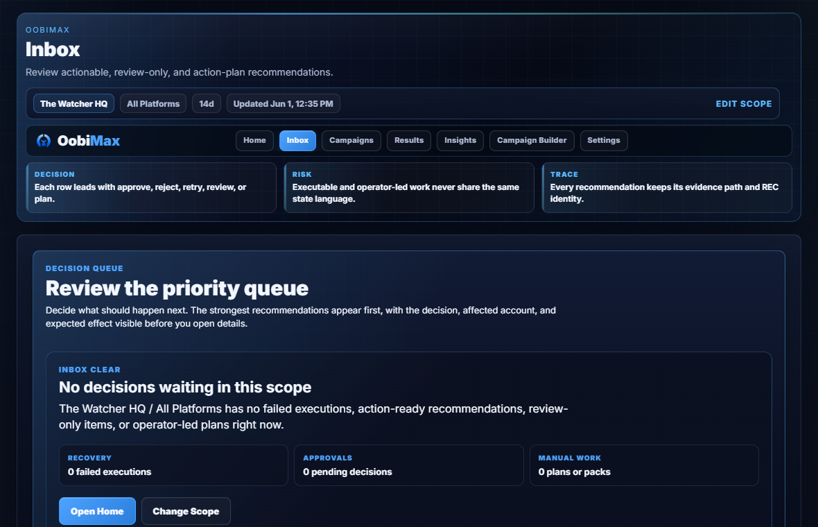OobiMax Recommendation Inbox showing scoped recommendation review and approval controls